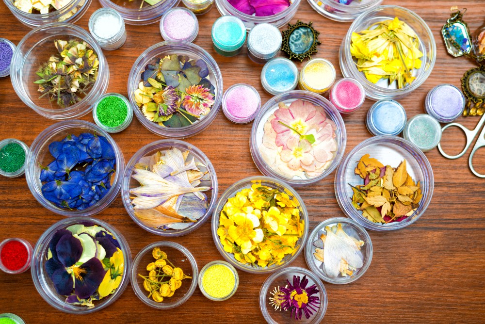 Dried flowers and colorful powders